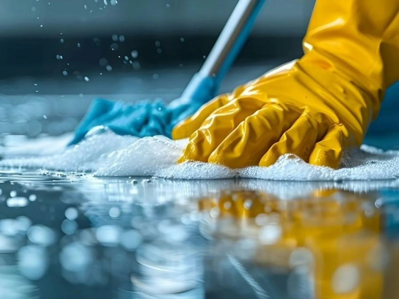 A hand in a yellow rubber glove scrubbing a soapy surface with a blue cloth